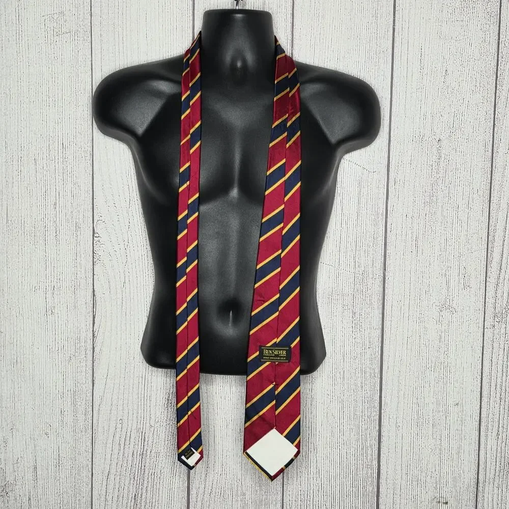 Ben Silver Charleston Pure English Silk Regimental Stripe Tie Red Navy Gold